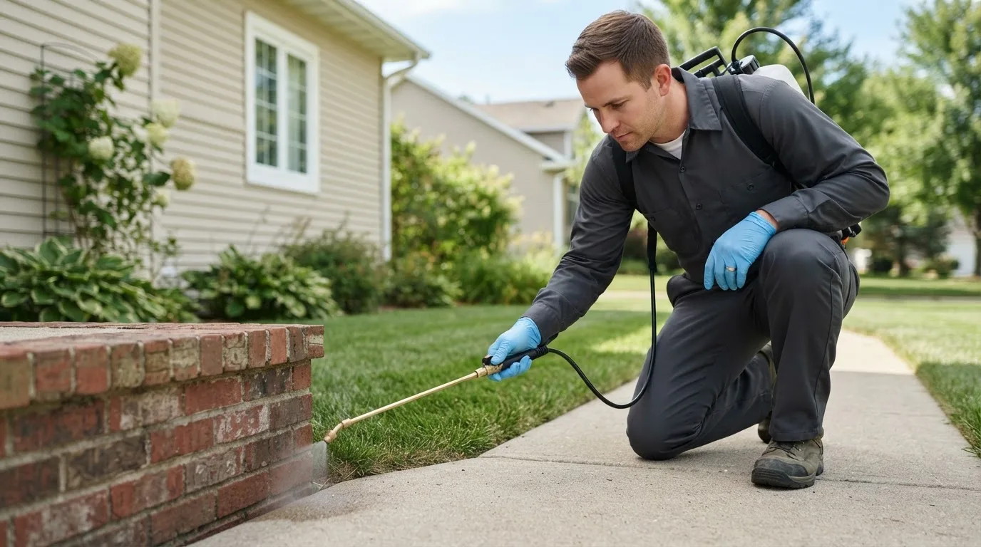 Pest control technician treating a home near Donald, OR