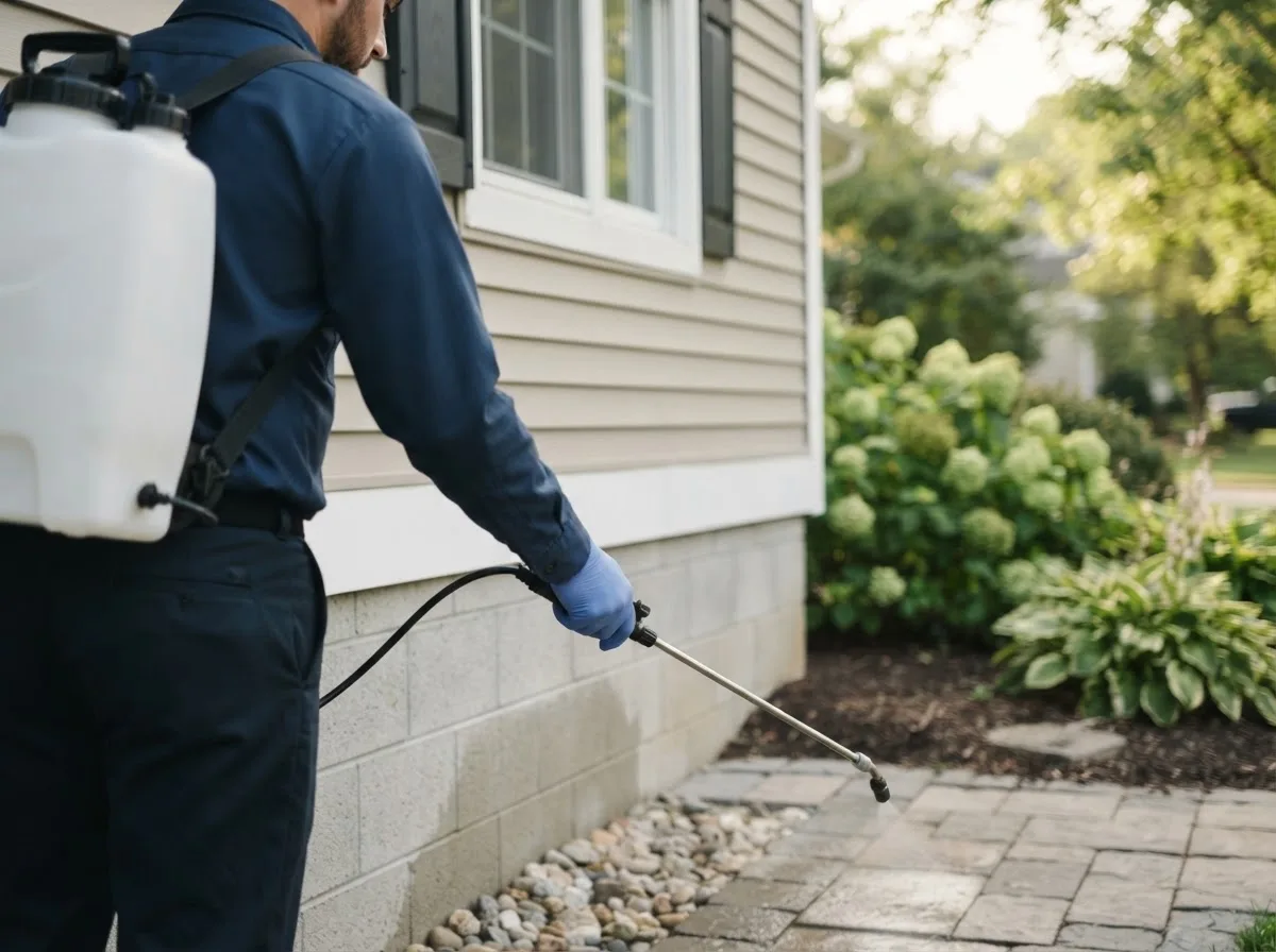 Pest control technician inspecting a home in Donald, OR